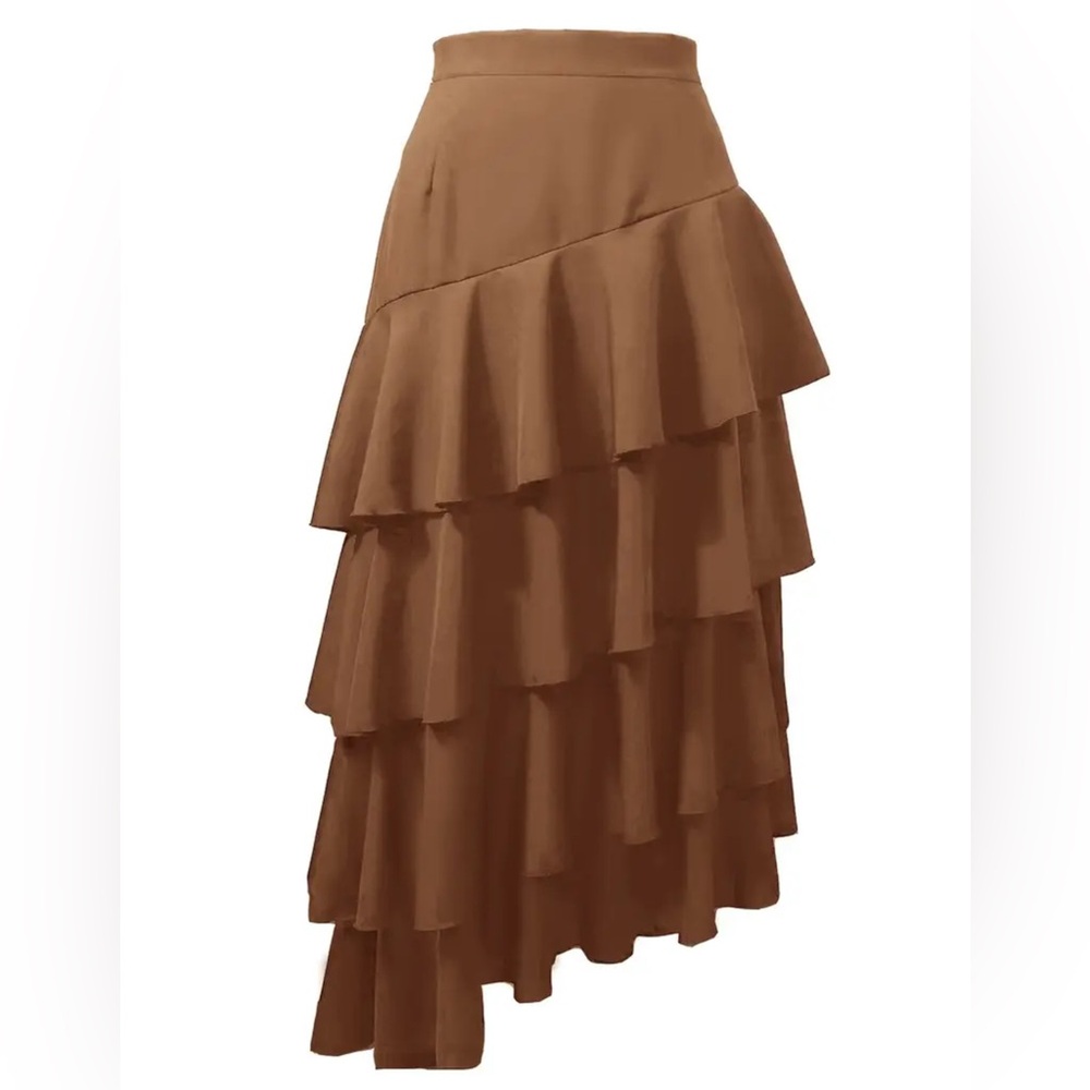 Coffee Brown High-Waist Tiered Ruffle Maxi Skirt | Asym Hem | XL - Picture 2 of 4
